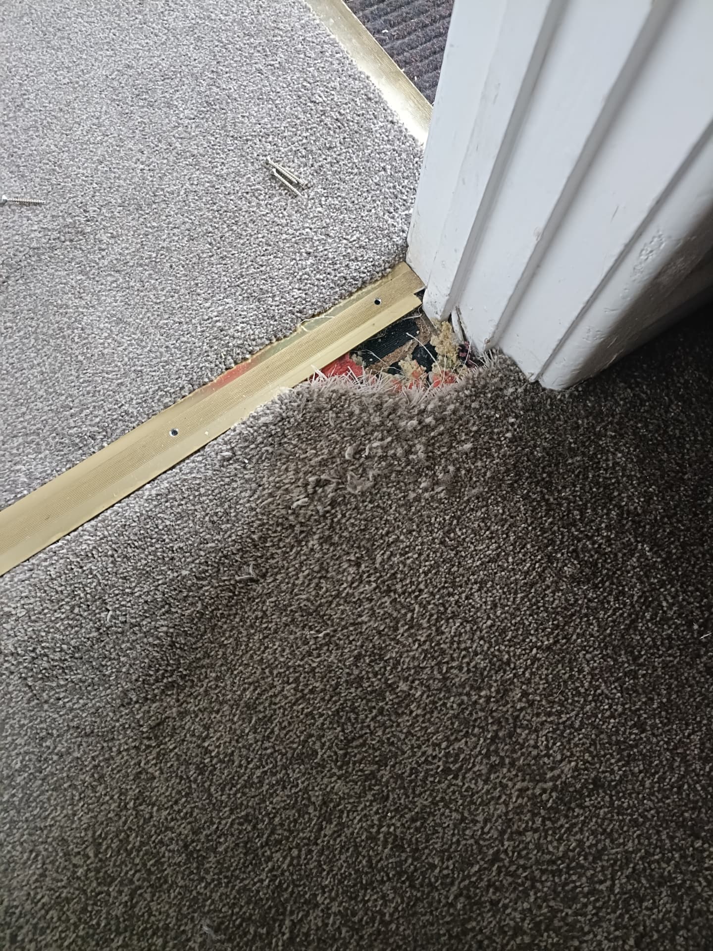 Carpet repair by a doorway threshold in Staffordshire, before professional cleaning