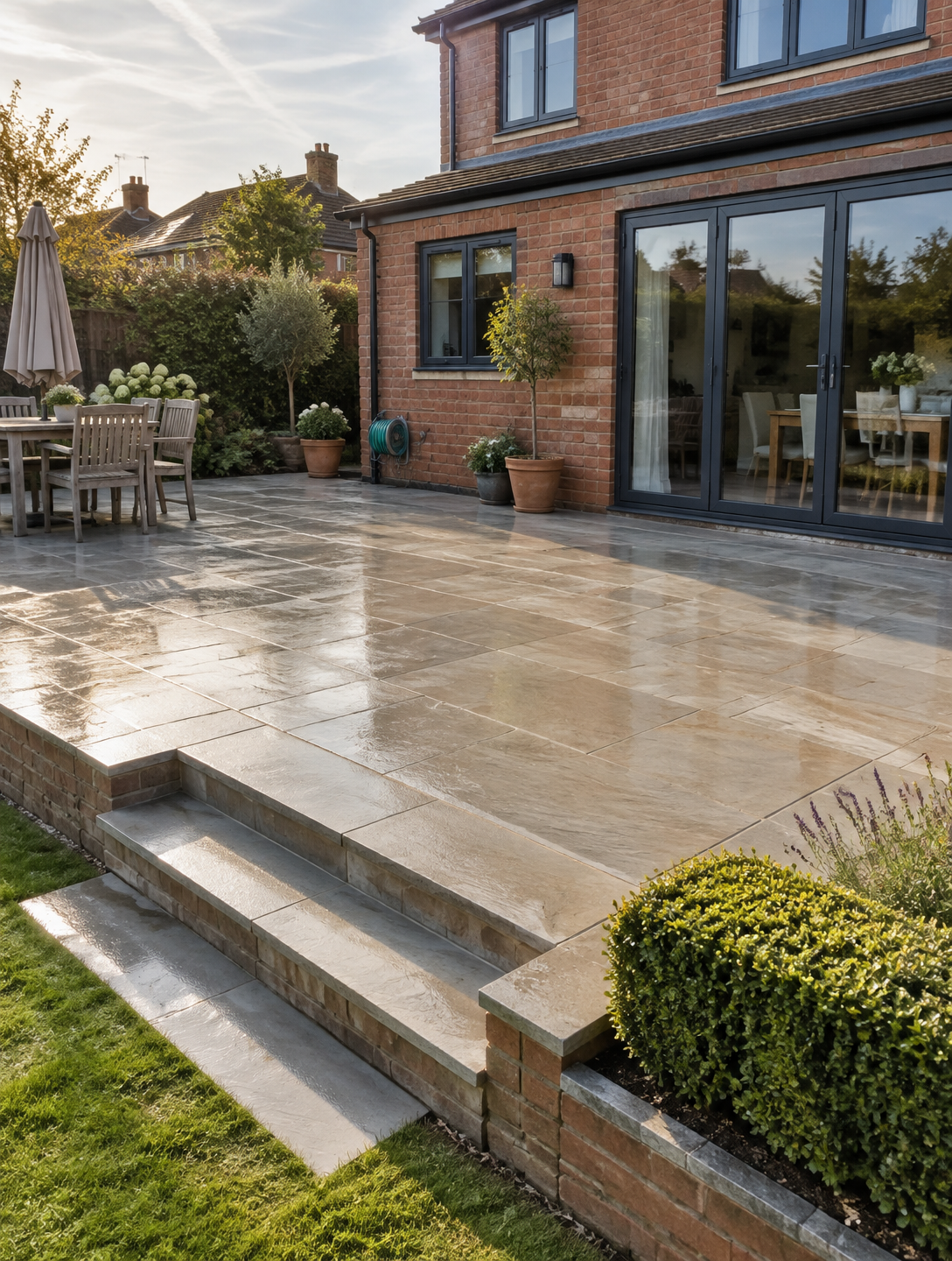 Freshly cleaned Indian stone patio at a Staffordshire home